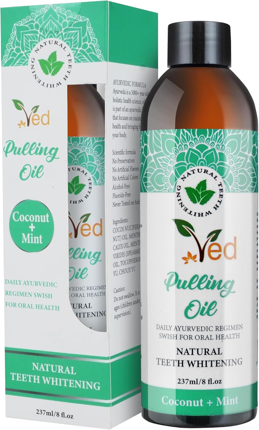 Ved Coconut Pulling Oil, Mouthwash with Tongue Scraper, Natural Coconut Oil Pulling for Teeth Whitening, Fresh Breath, Healthier Teeth & Gum, Alcohol Free, 237ml