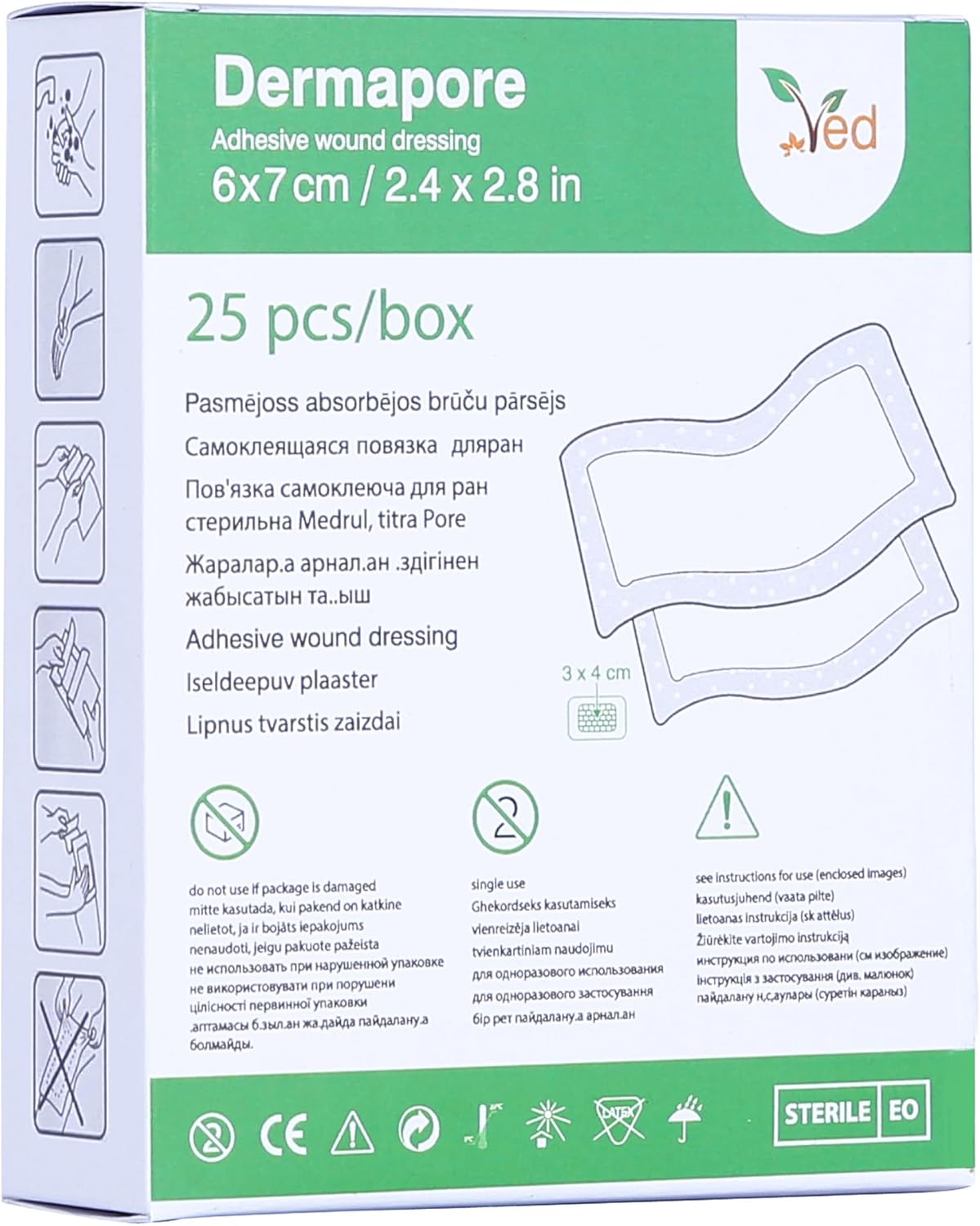 VED Dermapore Adhesive Wound Dressing- Suitable for cuts and grazes, Diabetic Leg ulcers, venous Leg ulcers, Small Pressure sores- Medium, 6 x 7cm (Pack of 25).