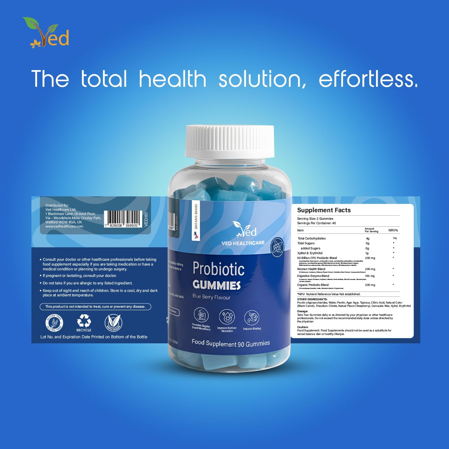 Vegan Probiotic Gummies with Prebiotics, Blueberry Flavour, 2 Gummies Daily (90 Count), 45 Days Supply, Non-GMO, Gluten Free, Vegetarian &amp; Gut Health...