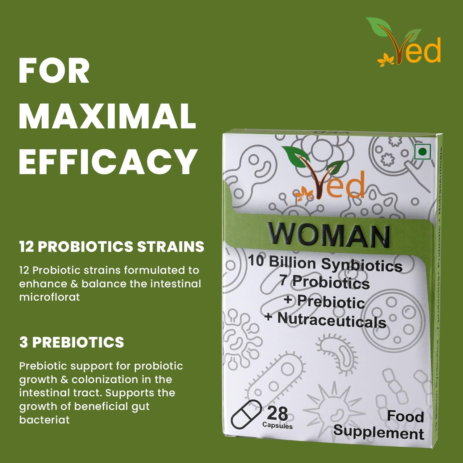 Ved Woman Complex Probiotics and Prebiotics Complex - 10 Billion CFU - 20 Live Bacterial Cultures - 28 Probiotic Complex Capsules for Children - Lactobacillus crispatus, Silicon dioxide.(Peck of 2)
