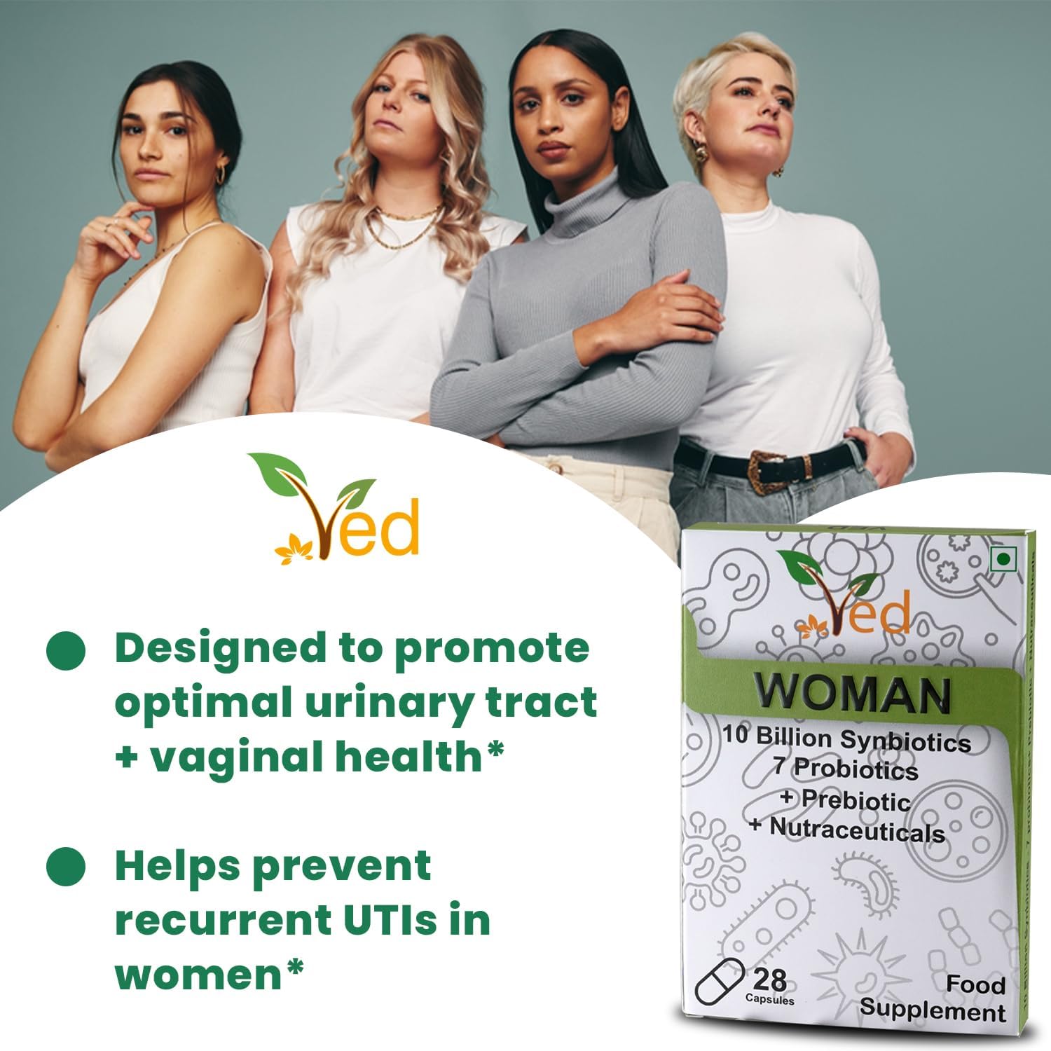 Ved Woman Complex Probiotics and Prebiotics Complex - 10 Billion CFU - 20 Live Bacterial Cultures - 28 Probiotic Complex Capsules for Children - Lactobacillus crispatus, Silicon dioxide.(Peck of 2)