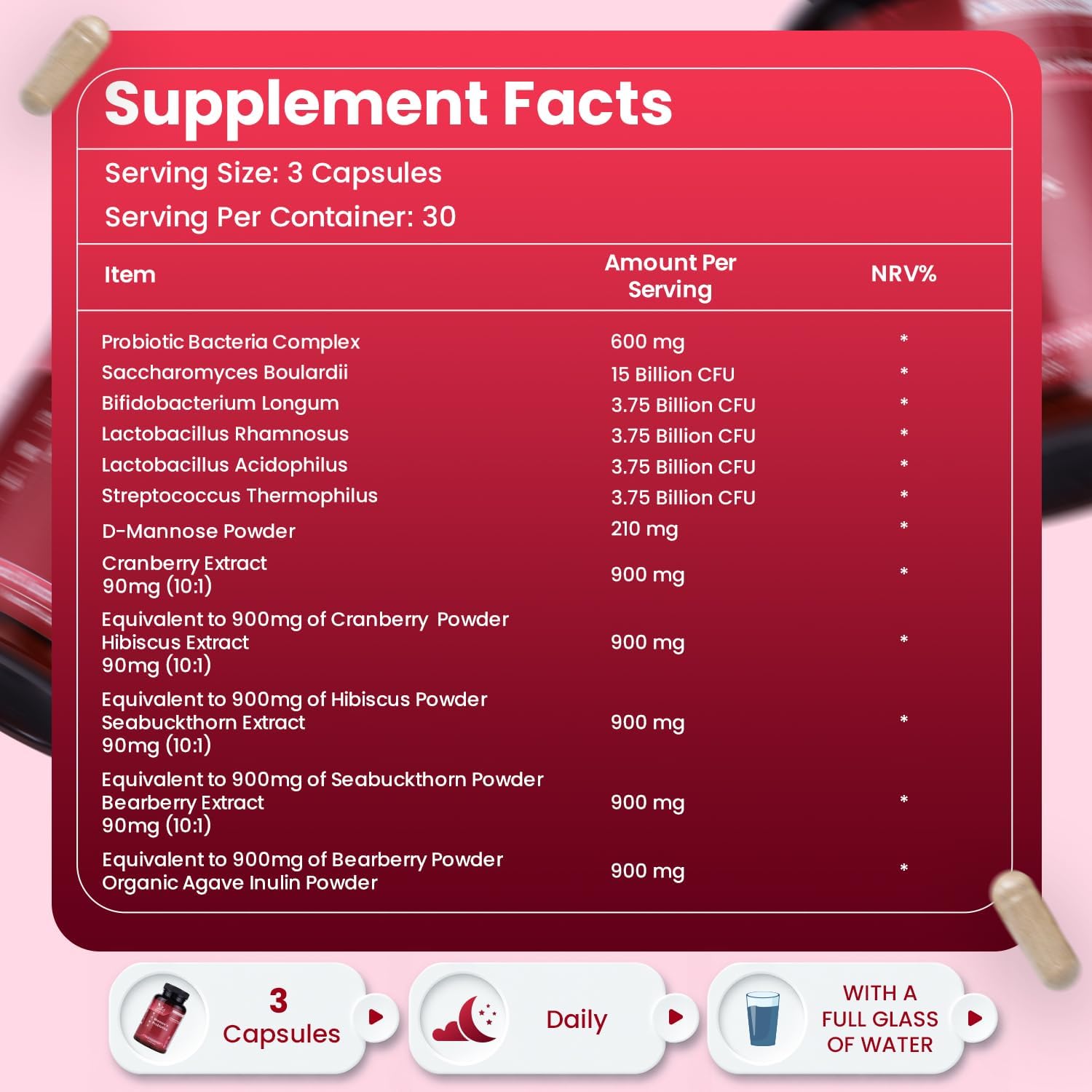 Women's Pro-bio Capsules 30 Billion CFU, 90 Delayed Release Vegan | 1 Month Supply, D-Mannose, Cranberry, Hibiscus & Sea Buckthorn Extracts