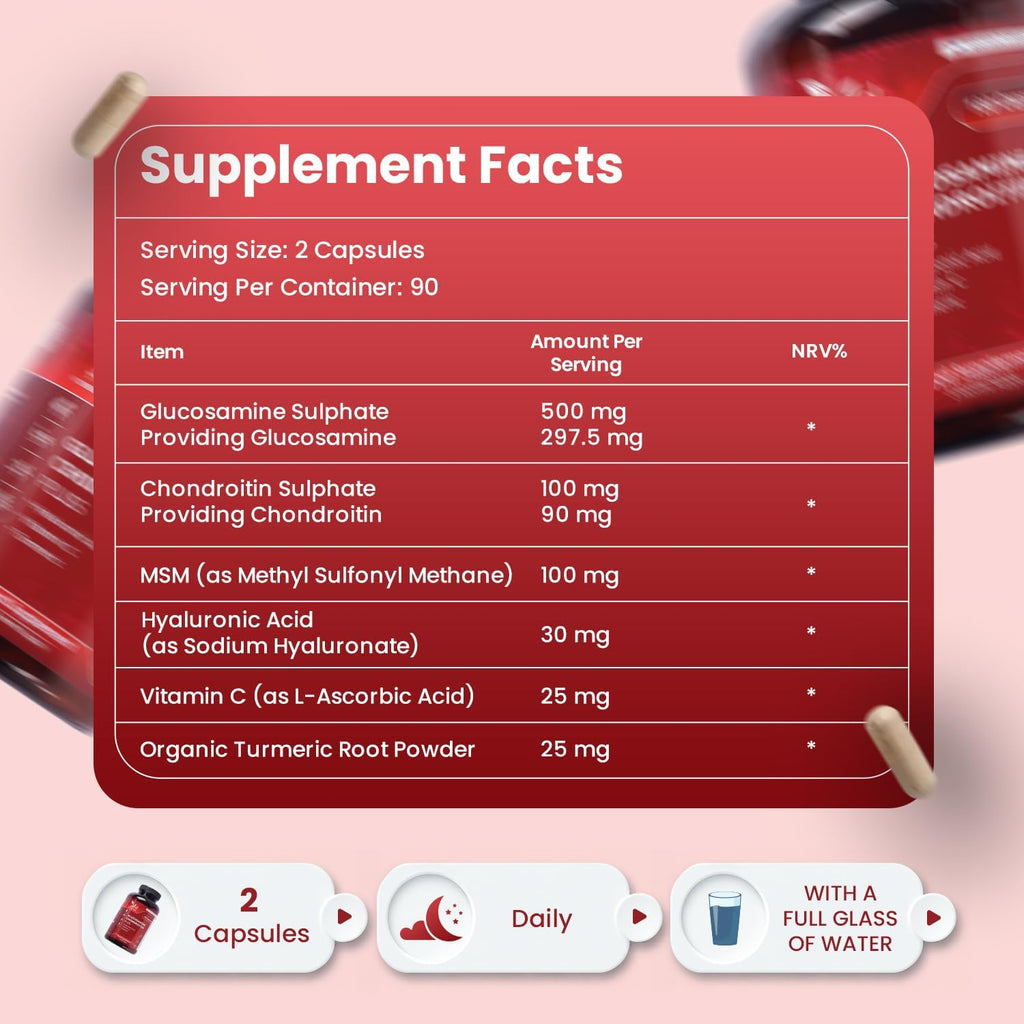 Glucosamine Sulfate & Chondroitin Complex with MSM, Turmeric, Hyaluronic Acid & Vitamin C – 180 Capsules (2 Per Day, Up to 3 Months Supply) – Non-GMO.