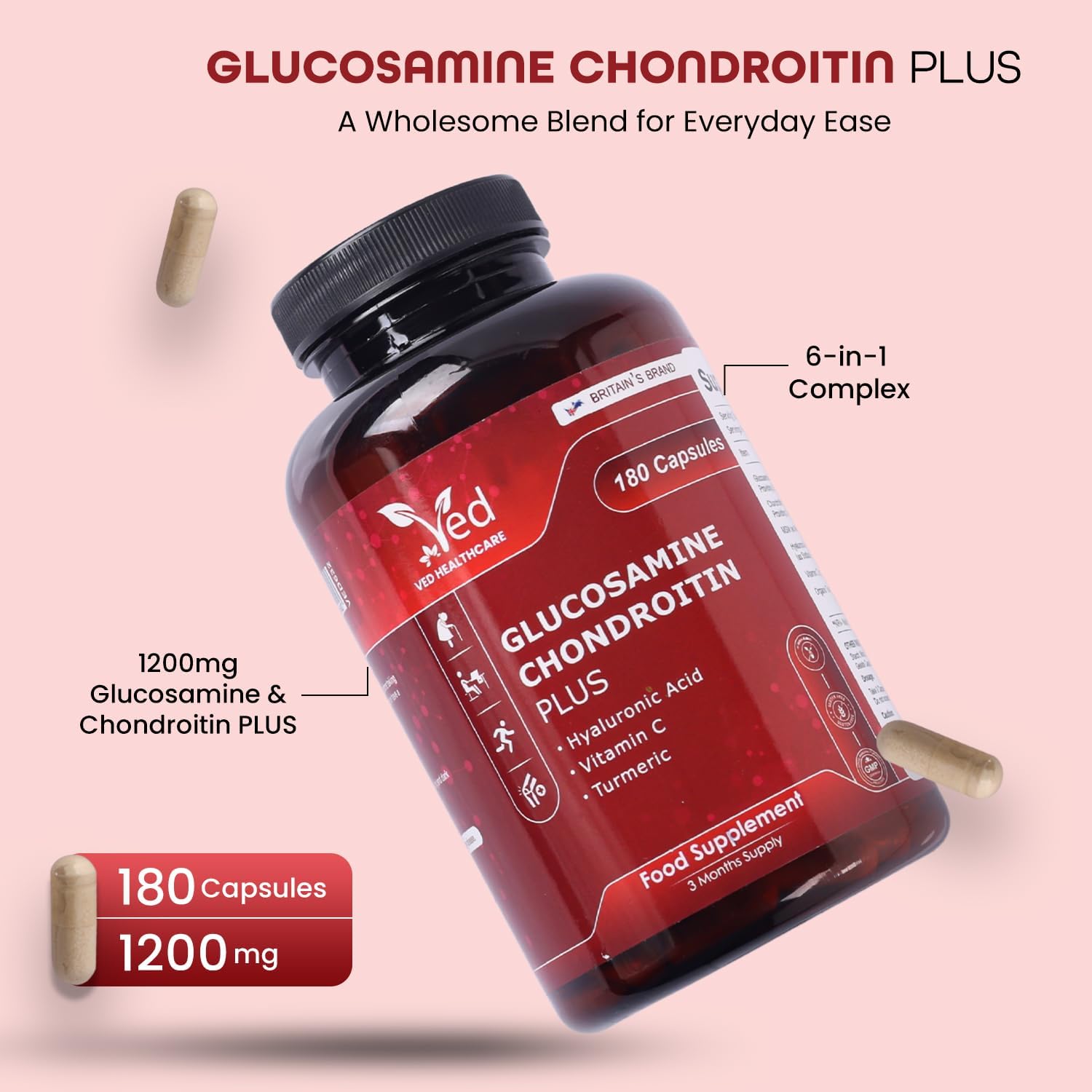 Glucosamine Sulfate & Chondroitin Complex with MSM, Turmeric, Hyaluronic Acid & Vitamin C – 180 Capsules (2 Per Day, Up to 3 Months Supply) – Non-GMO.