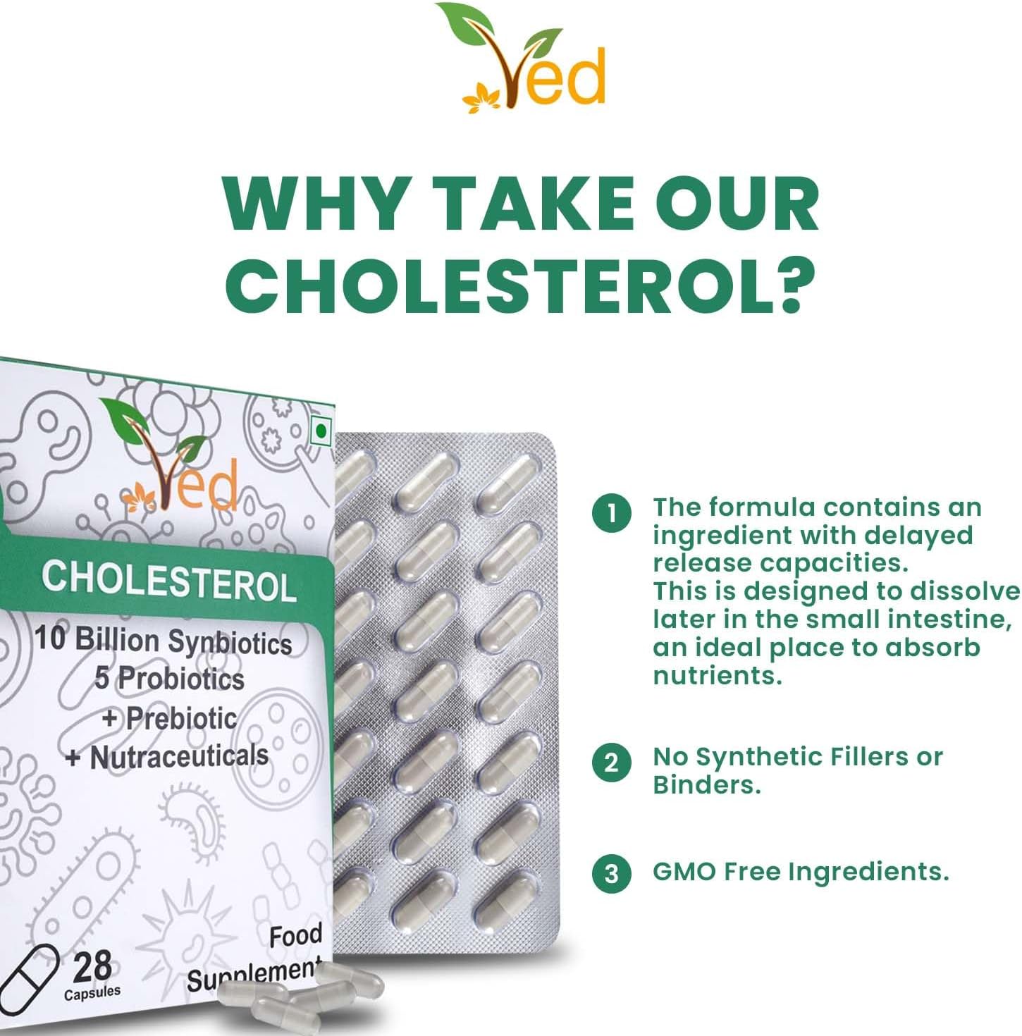 Ved Cholesterol Complex Probiotics and Prebiotics Complex - 10 Billion CFU - 20 Live Bacterial Cultures - 28 Probiotic Complex Capsules for Children - Lactobacillus Helveticus, Silicon dioxide(Peck of 2)
