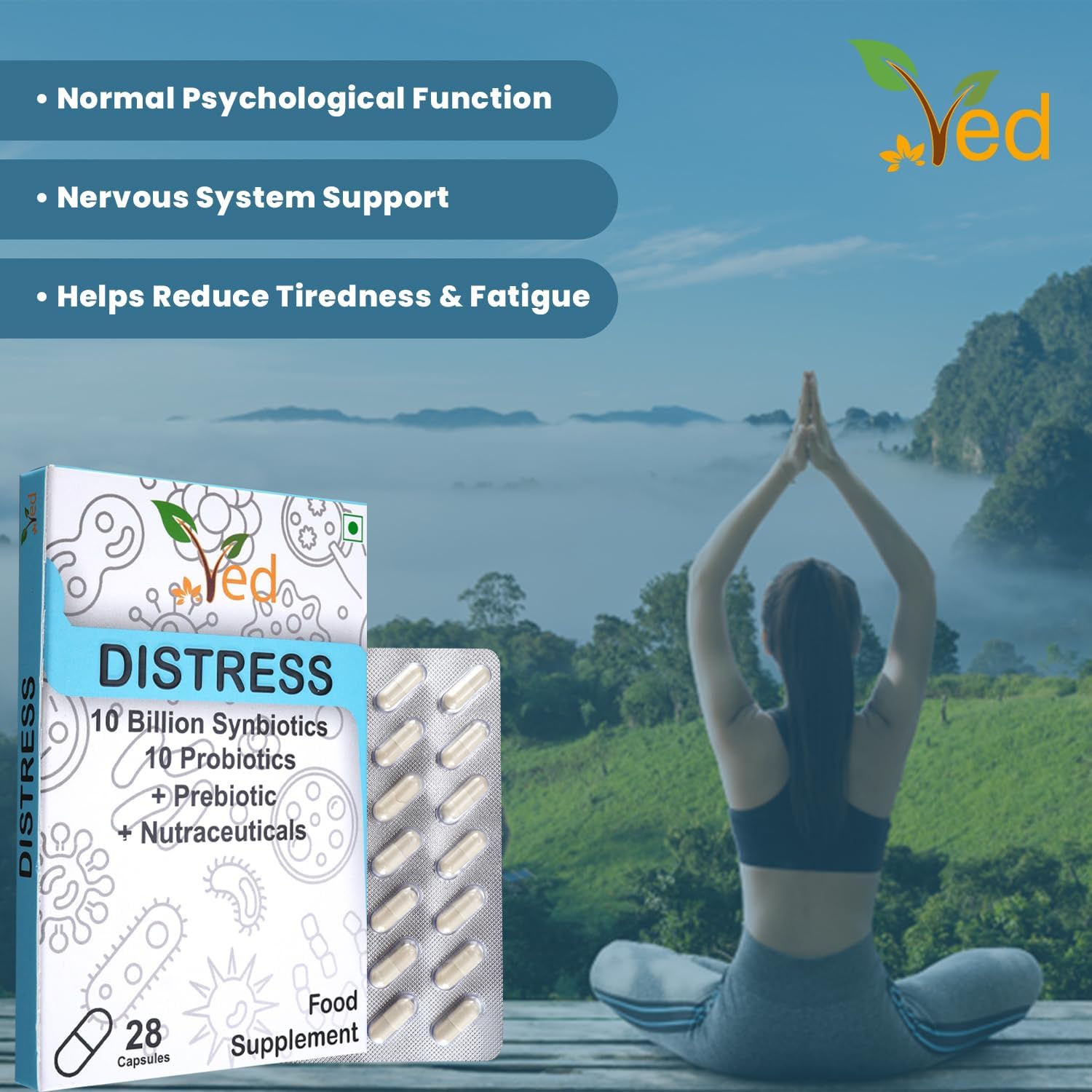 VED Distress Complex Probiotics and Prebiotics Complex - 10 Billion CFU - 28 Probiotic Complex Capsules for Women & Men - Lactobacillus Piantarum, Casei, Rhamnosus, 28 Days Supply.(peck of 2)