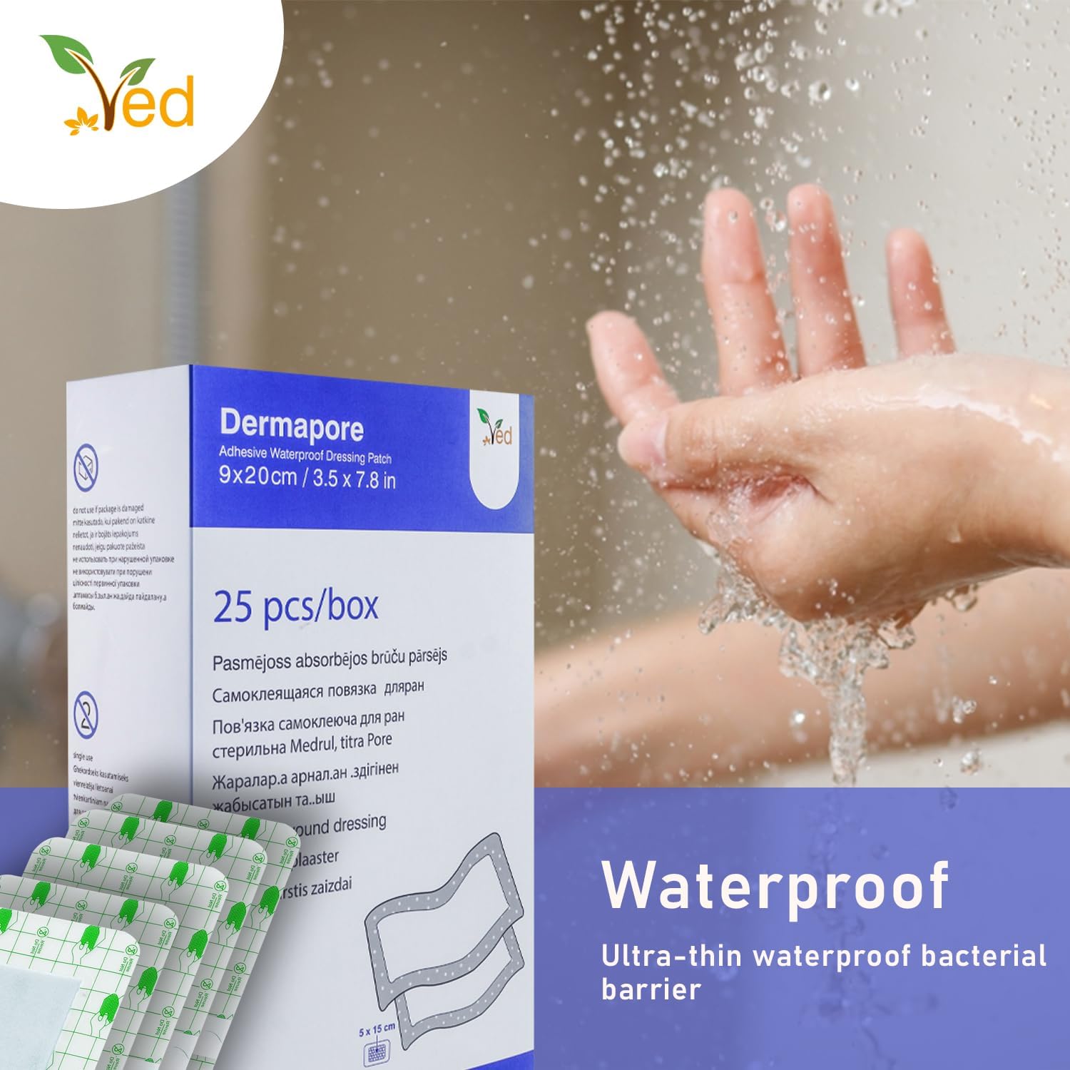 VED Dermapore Waterproof Adhesive Wound Dressing- Suitable for cuts and grazes, Diabetic Leg ulcers, venous Leg ulcers, Small Pressure sores- Medium, 9 x 20cm (Pack of 25).