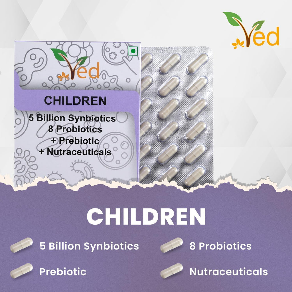 Ved Children Complex Probiotics and Prebiotics Complex - 5 Billion CFU - 20 Live Bacterial Cultures - 28 Probiotic Complex Capsules for Children - Lactobacillus helveticus, silicon dioxide(Peck of 2)