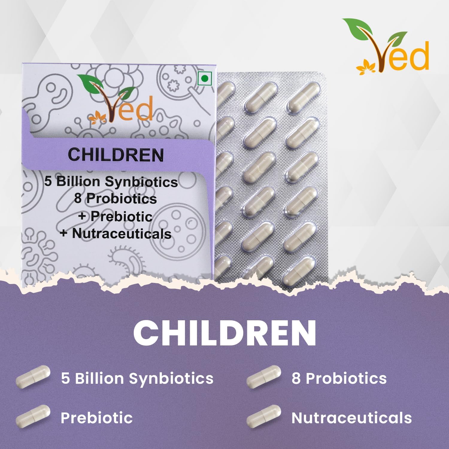Ved Children Complex Probiotics and Prebiotics Complex - 5 Billion CFU - 20 Live Bacterial Cultures - 28 Probiotic Complex Capsules for Children - Lactobacillus helveticus, silicon dioxide(Peck of 2)
