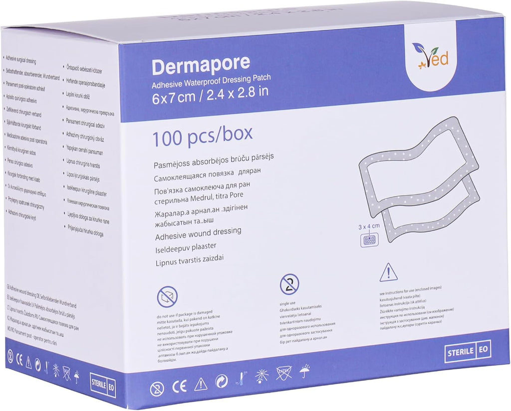 VED Dermapore Waterproof Adhesive Wound Dressing- Suitable for cuts and grazes, Diabetic Leg ulcers, venous Leg ulcers, Small Pressure sores- Medium, 6 x 7cm (Pack of 100).