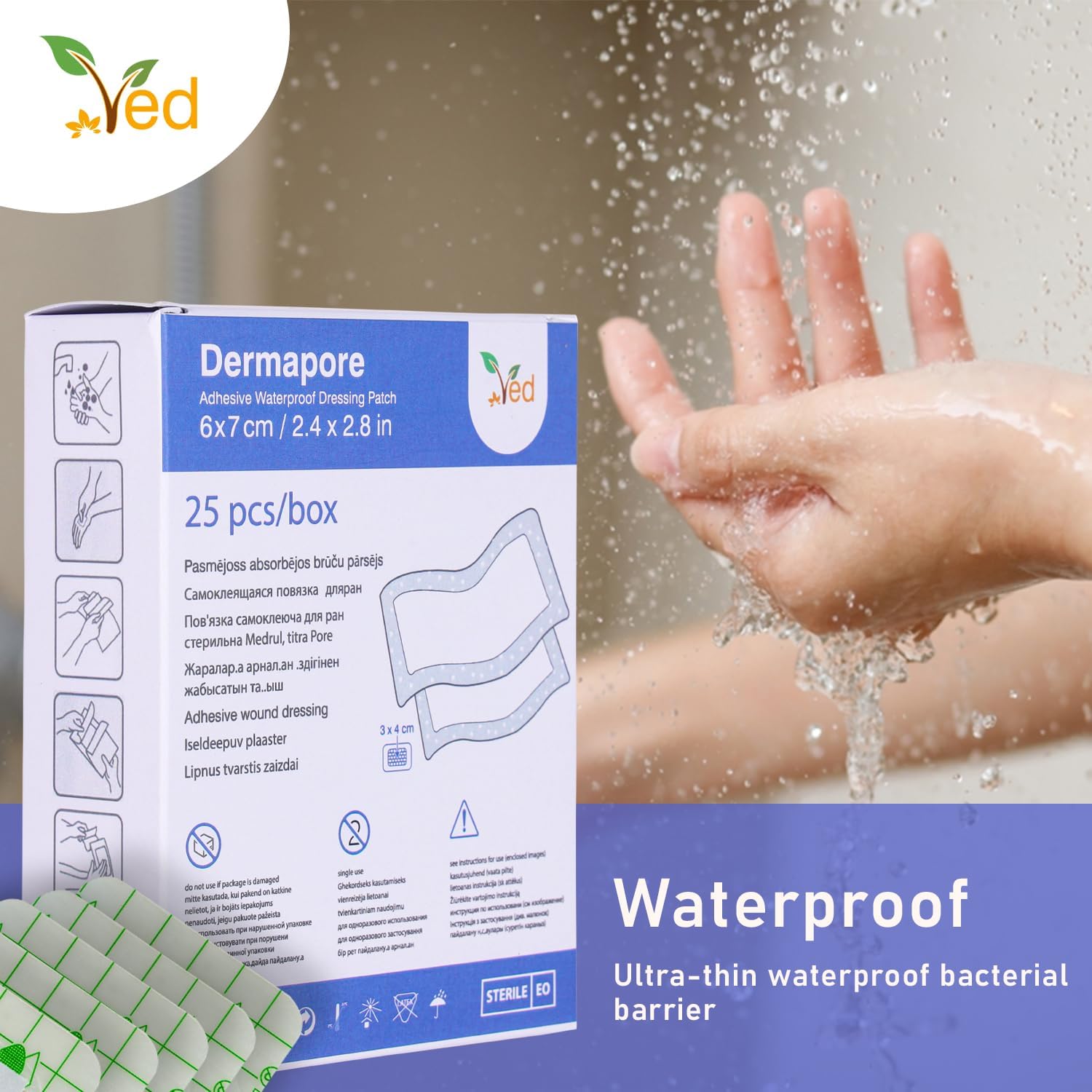 VED Dermapore Waterproof Adhesive Wound Dressing- Suitable for cuts and grazes, Diabetic Leg ulcers, venous Leg ulcers, Small Pressure sores- Medium, 6 x 7cm (Pack of 25).