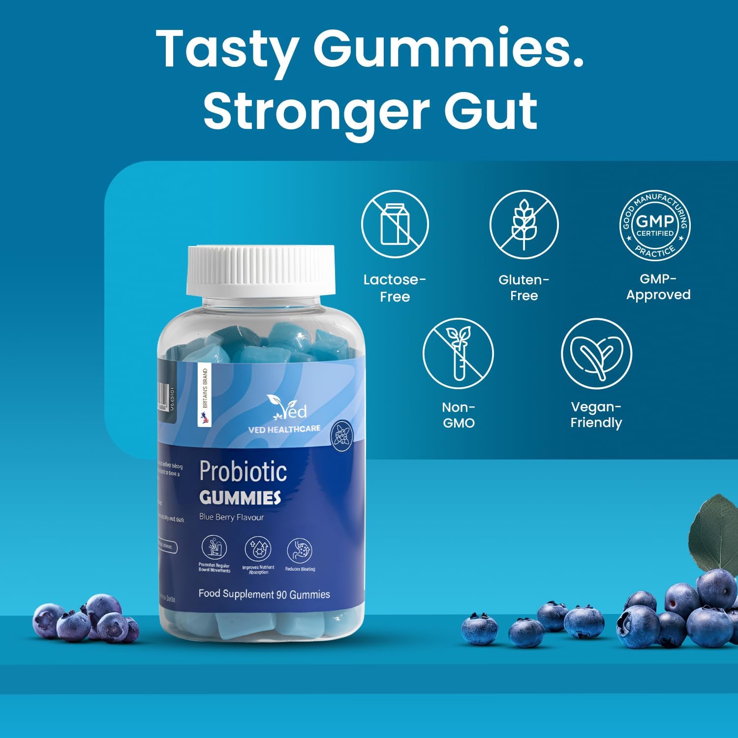 Vegan Probiotic Gummies with Prebiotics, Blueberry Flavour, 2 Gummies Daily (90 Count), 45 Days Supply, Non-GMO, Gluten Free, Vegetarian &amp; Gut Health...