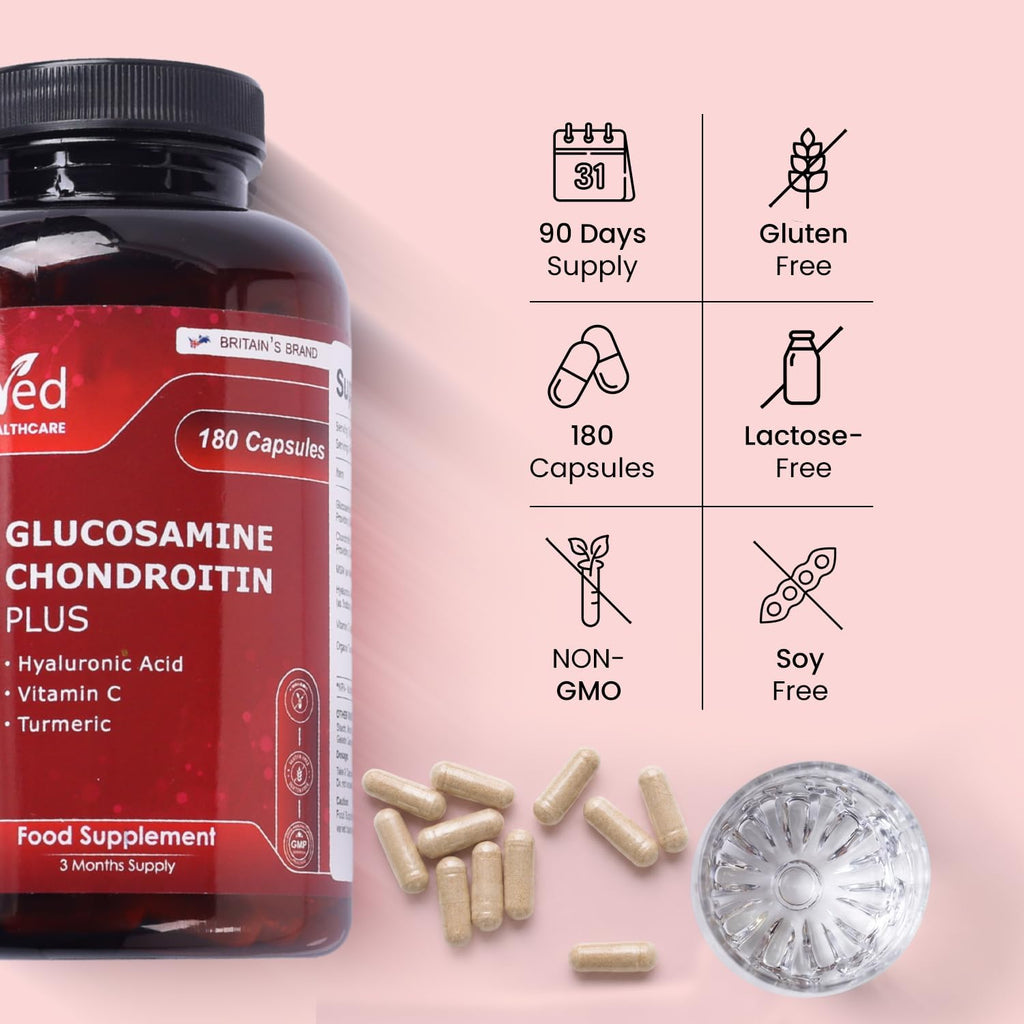 Glucosamine Sulfate & Chondroitin Complex with MSM, Turmeric, Hyaluronic Acid & Vitamin C – 180 Capsules (2 Per Day, Up to 3 Months Supply) – Non-GMO.