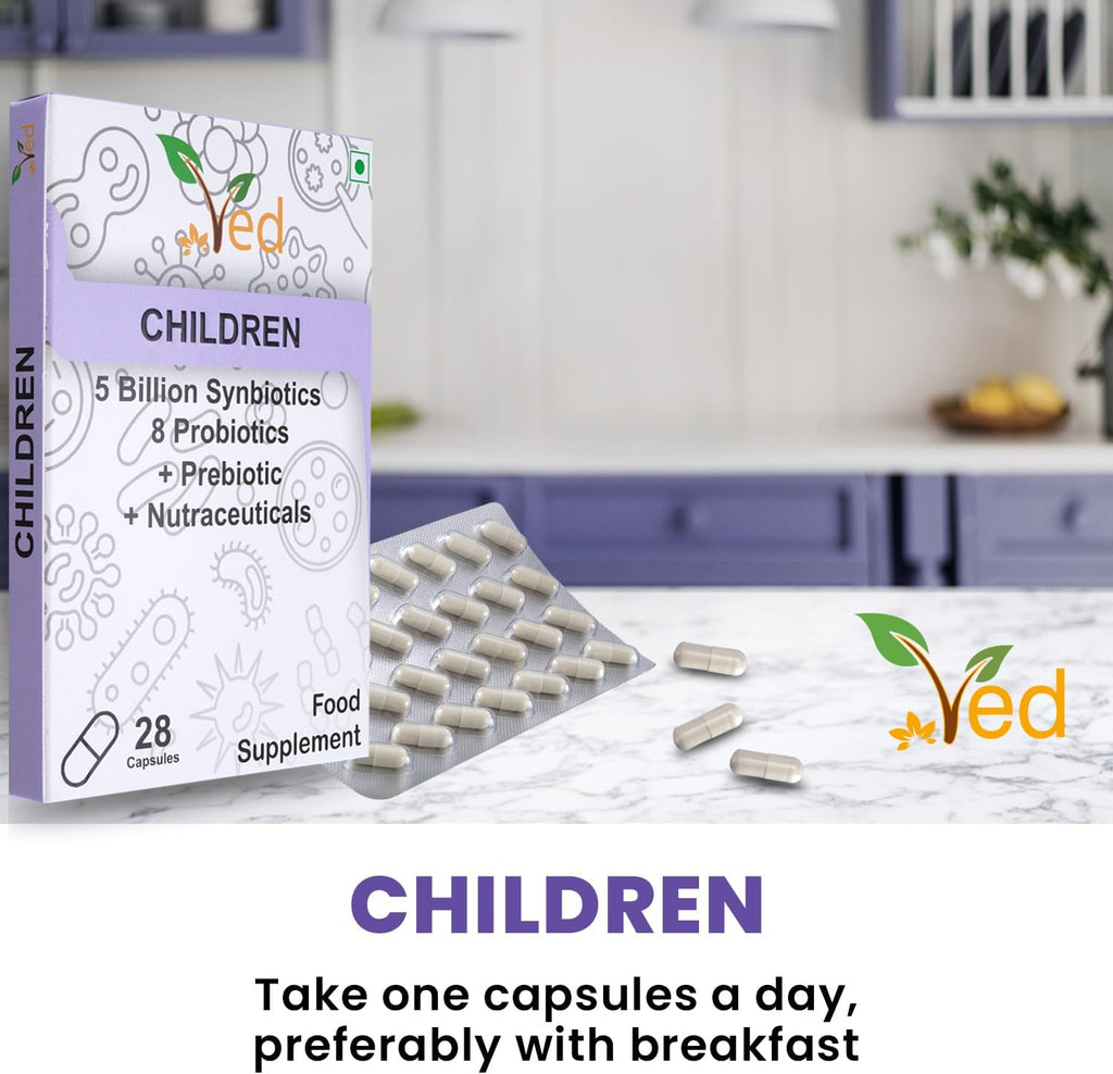 Ved Children Complex Probiotics and Prebiotics Complex - 5 Billion CFU - 20 Live Bacterial Cultures - 28 Probiotic Complex Capsules for Children - Lactobacillus helveticus, silicon dioxide(Peck of 2)