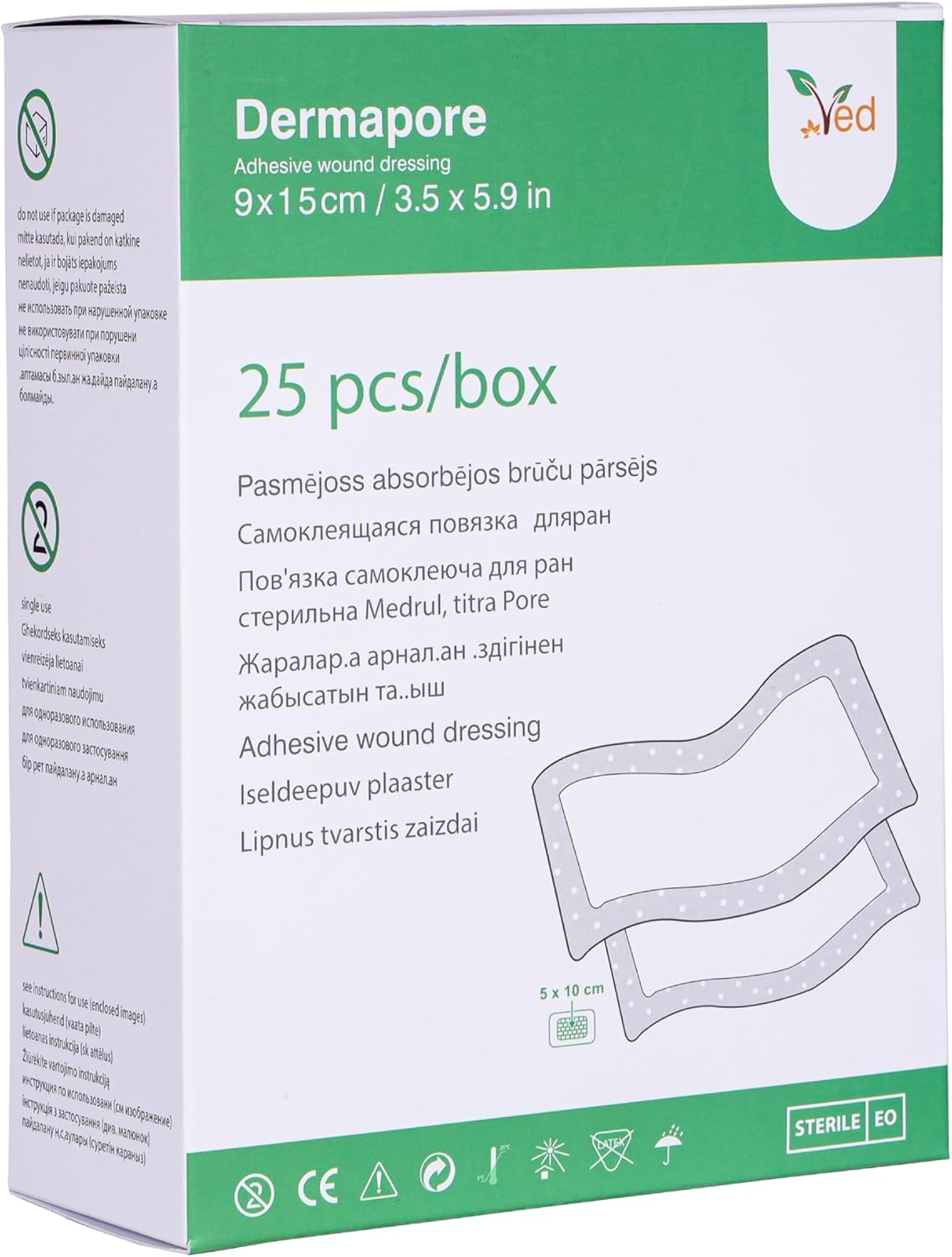 VED Dermapore Adhesive Wound Dressing- Suitable for cuts and grazes, Diabetic Leg ulcers, venous Leg ulcers, Small Pressure sores- Medium, 9 X 15cm (Pack of 25).