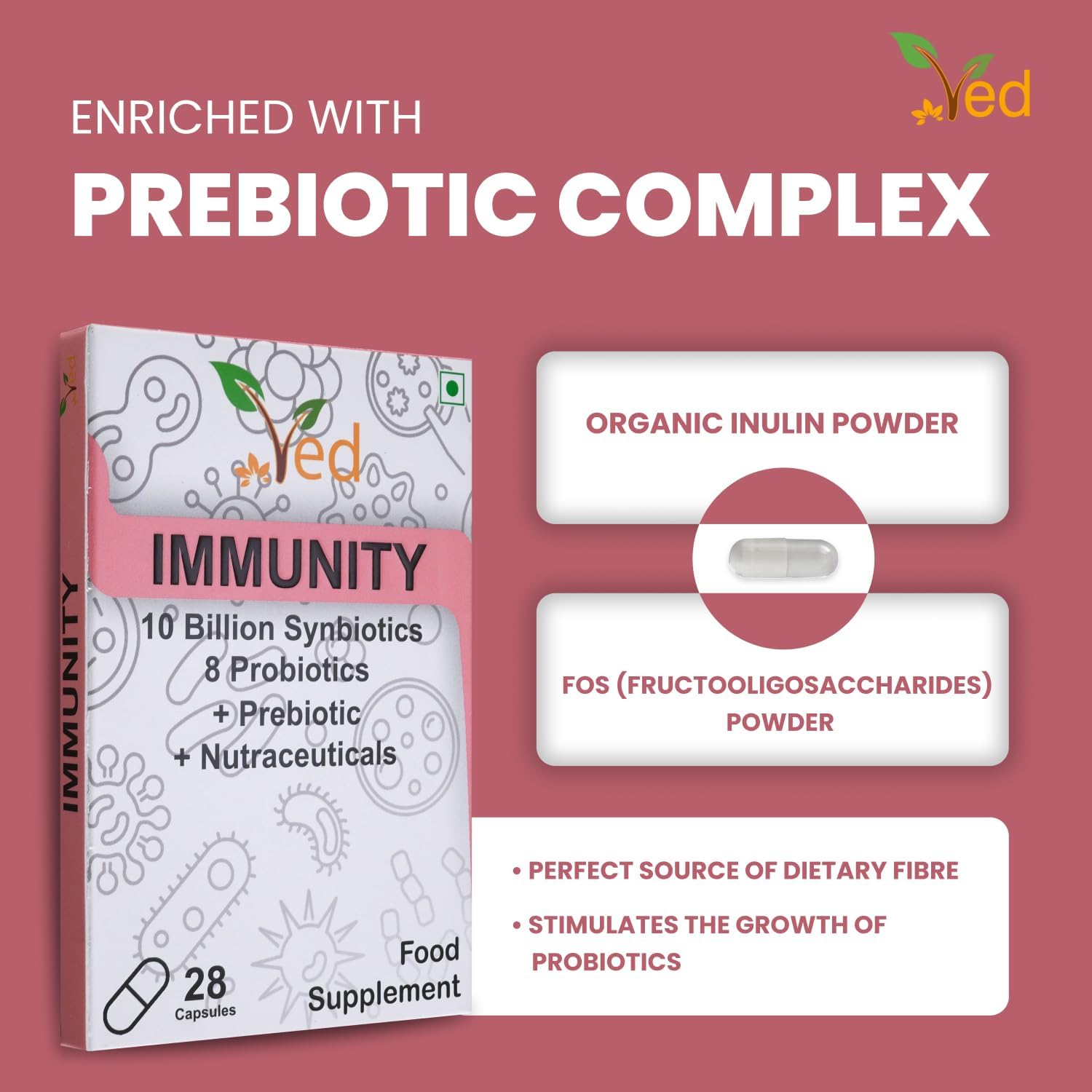 Ved Immunity Complex Probiotics and Prebiotics Complex - 10 Billion CFU - 20 Live Bacterial Cultures - 28 Probiotic Complex Capsules for Children - Lactobacillus Plantarum, Casei.(Peck of 2)