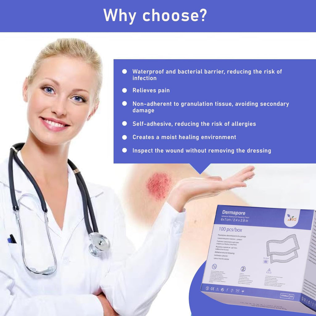 VED Dermapore Waterproof Adhesive Wound Dressing- Suitable for cuts and grazes, Diabetic Leg ulcers, venous Leg ulcers, Small Pressure sores- Medium, 6 x 7cm (Pack of 100).