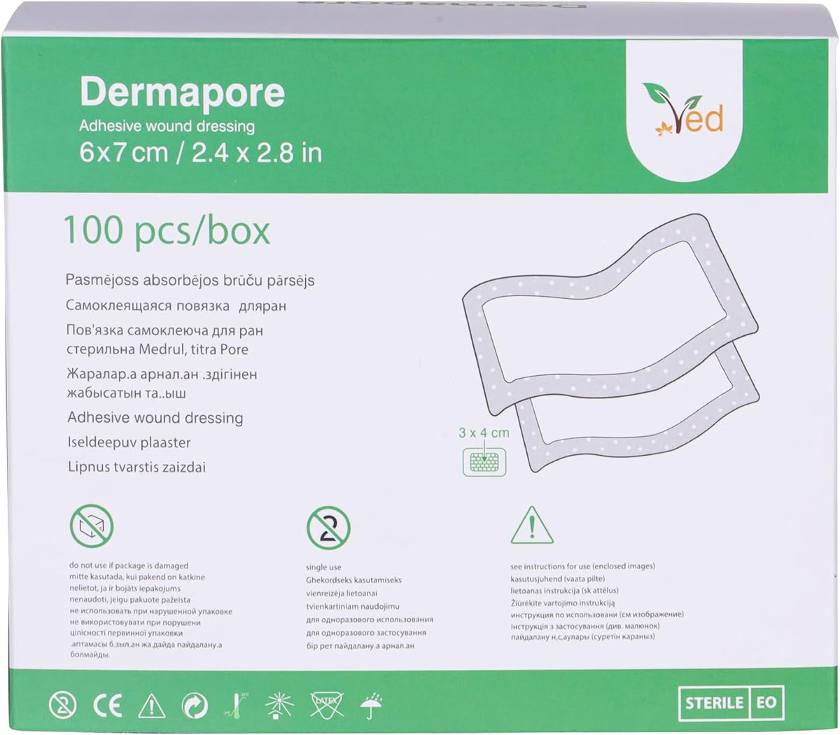 VED Dermapore Adhesive Wound Dressing- Suitable for cuts and grazes, Diabetic Leg ulcers, venous Leg ulcers, Small Pressure sores- Medium, 6 X 7cm (Pack of 100).