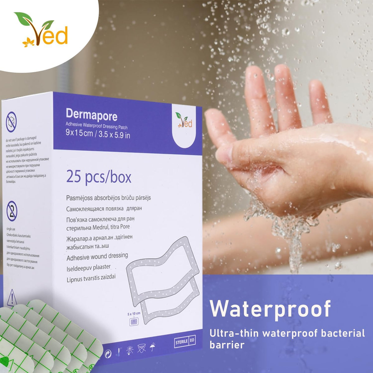VED Dermapore Waterproof Adhesive Wound Dressing- Suitable for cuts and grazes, Diabetic Leg ulcers, venous Leg ulcers, Small Pressure sores- Medium, 9 x 15cm (Pack of 25).
