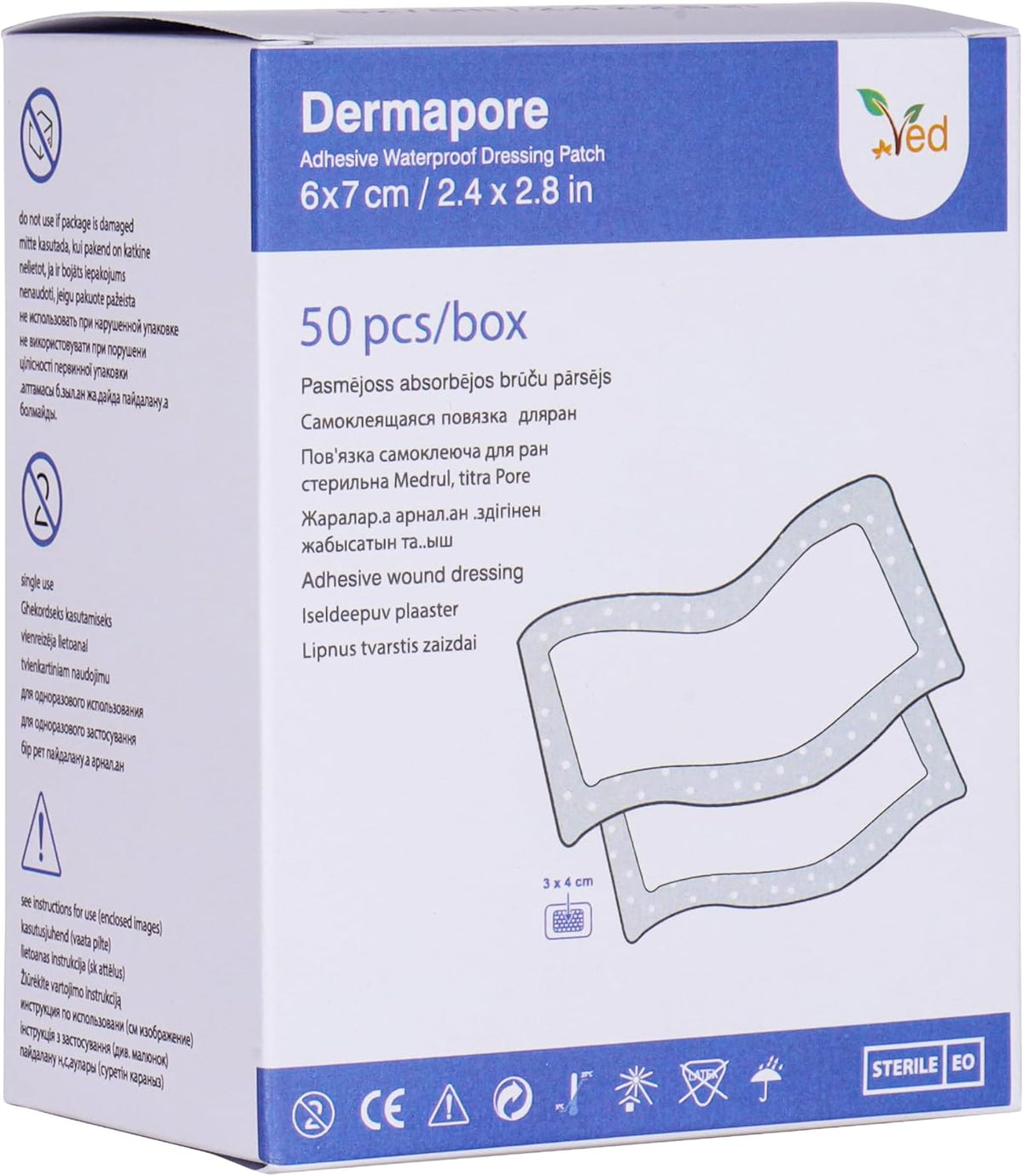 VED Dermapore Waterproof Adhesive Wound Dressing- Suitable for cuts and grazes, Diabetic Leg ulcers, venous Leg ulcers, Small Pressure sores- Medium, 6X 7cm (Pack of 50).