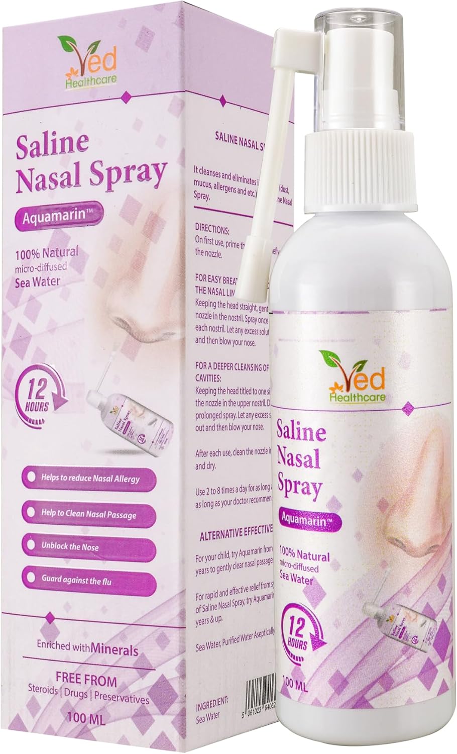 Aquamarin Saline Nasal Spray : Instant Relief Nasal Spray for Allergies & Congestion (100 ml)