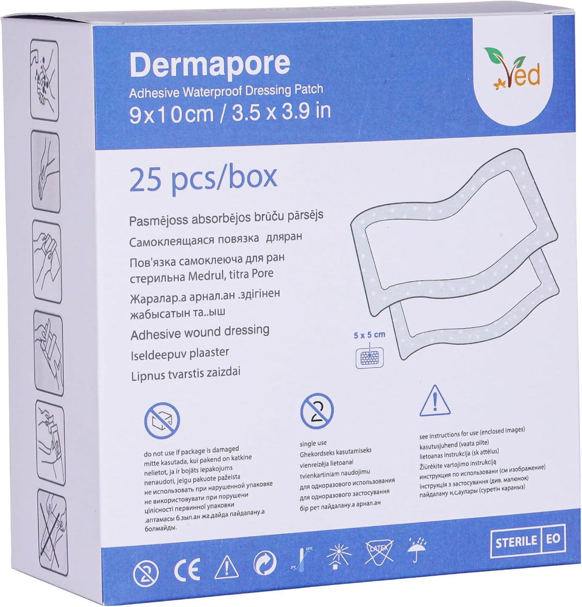 VED Dermapore Waterproof Adhesive Wound Dressing- Suitable for cuts and grazes, Diabetic Leg ulcers, venous Leg ulcers, Small Pressure sores- Medium, 9X 10 cm (Pack of 25).