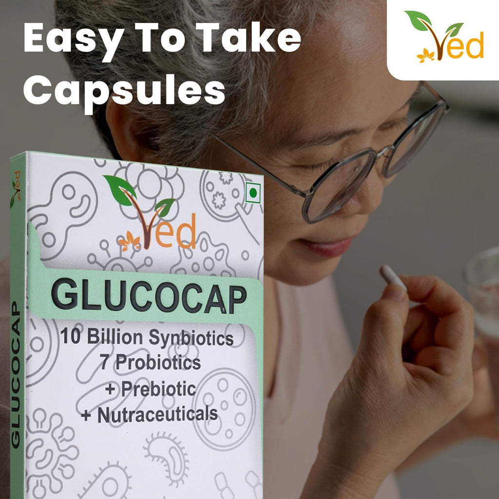 Ved Glucocap Complex Probiotics and Prebiotics Complex - 10 Billion CFU - 20 Live Bacterial Cultures - 28 Probiotic Complex Capsules for Children - Lactobacillus Plantarum, Bacillus coagulans.(Peck of 2)