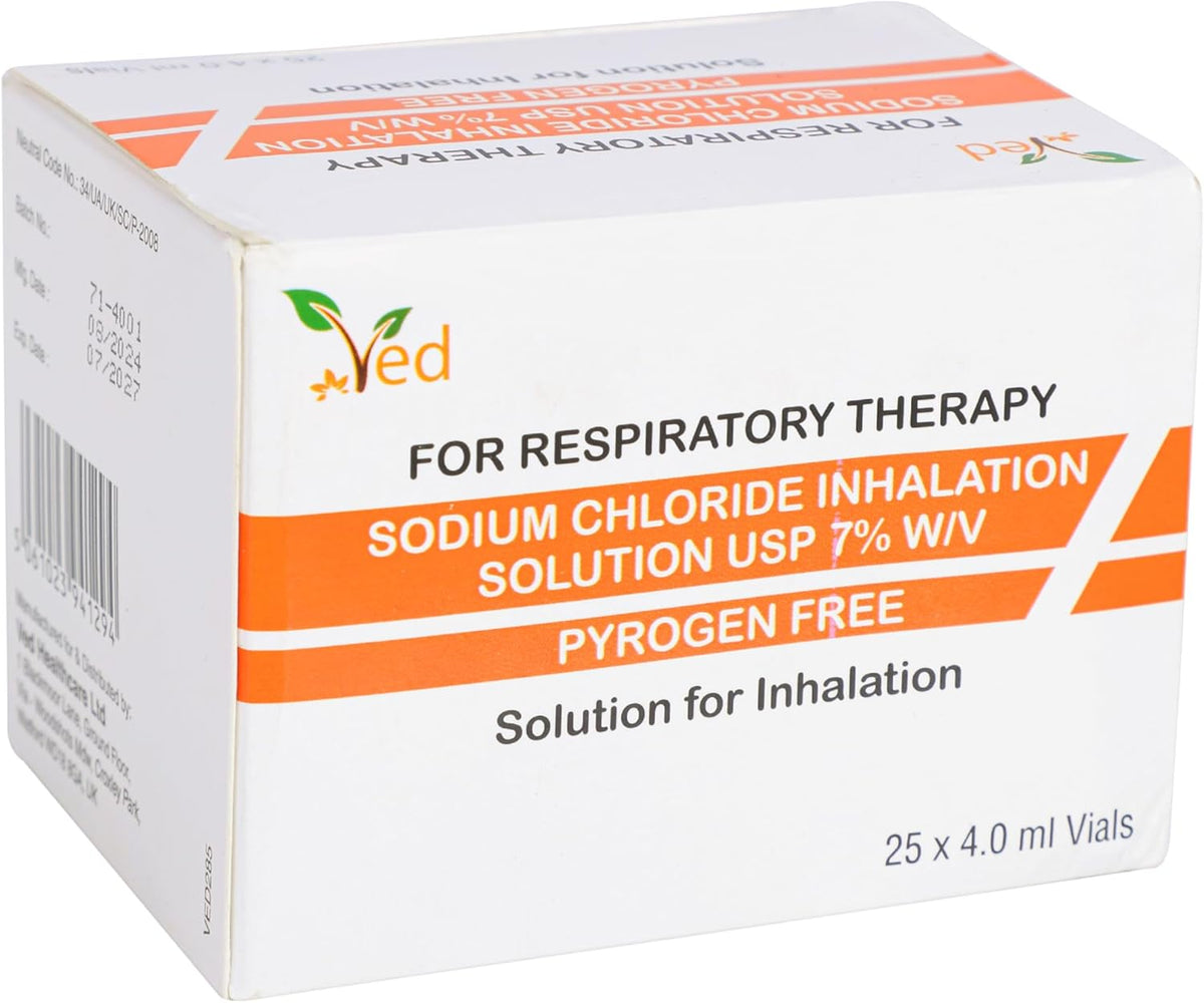 VED Hypertonic Inhalation Saline Solution., 7% Sodium Chloride (NaCl), 25 X 4.0 ml Unit Dose Vials for Adult & Child.