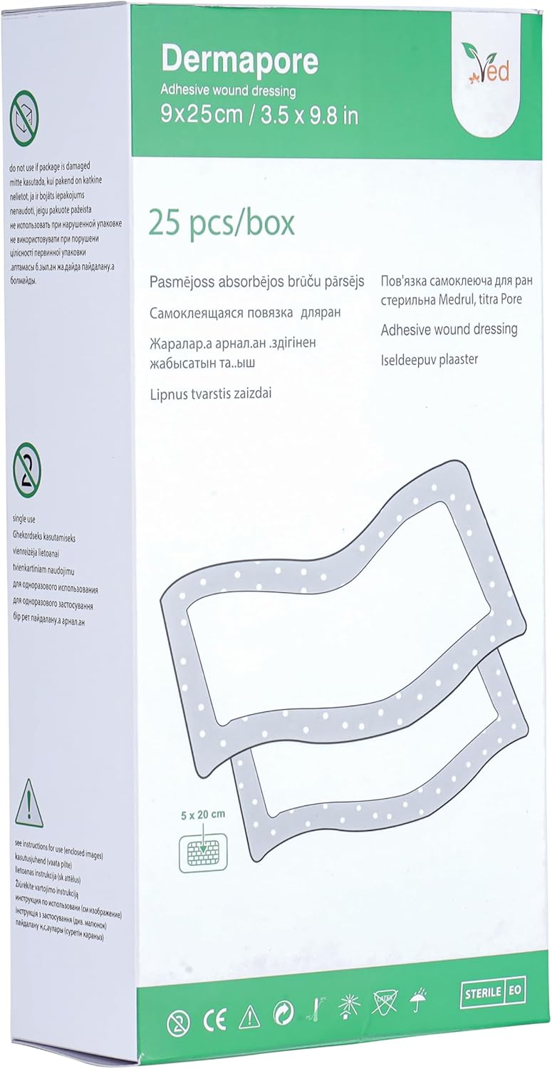 VED Dermapore Adhesive Wound Dressing- Suitable for cuts and grazes, Diabetic Leg ulcers, venous Leg ulcers, Small Pressure sores- Medium, 9 x 25 cm (Pack of 25).