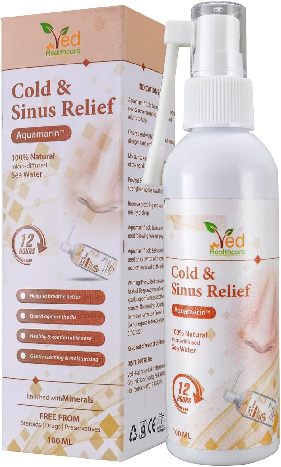 Aquamarin Cold & Sinus Relief: Instant Relief Nasal Spray for Allergies & Congestion (100 ml)
