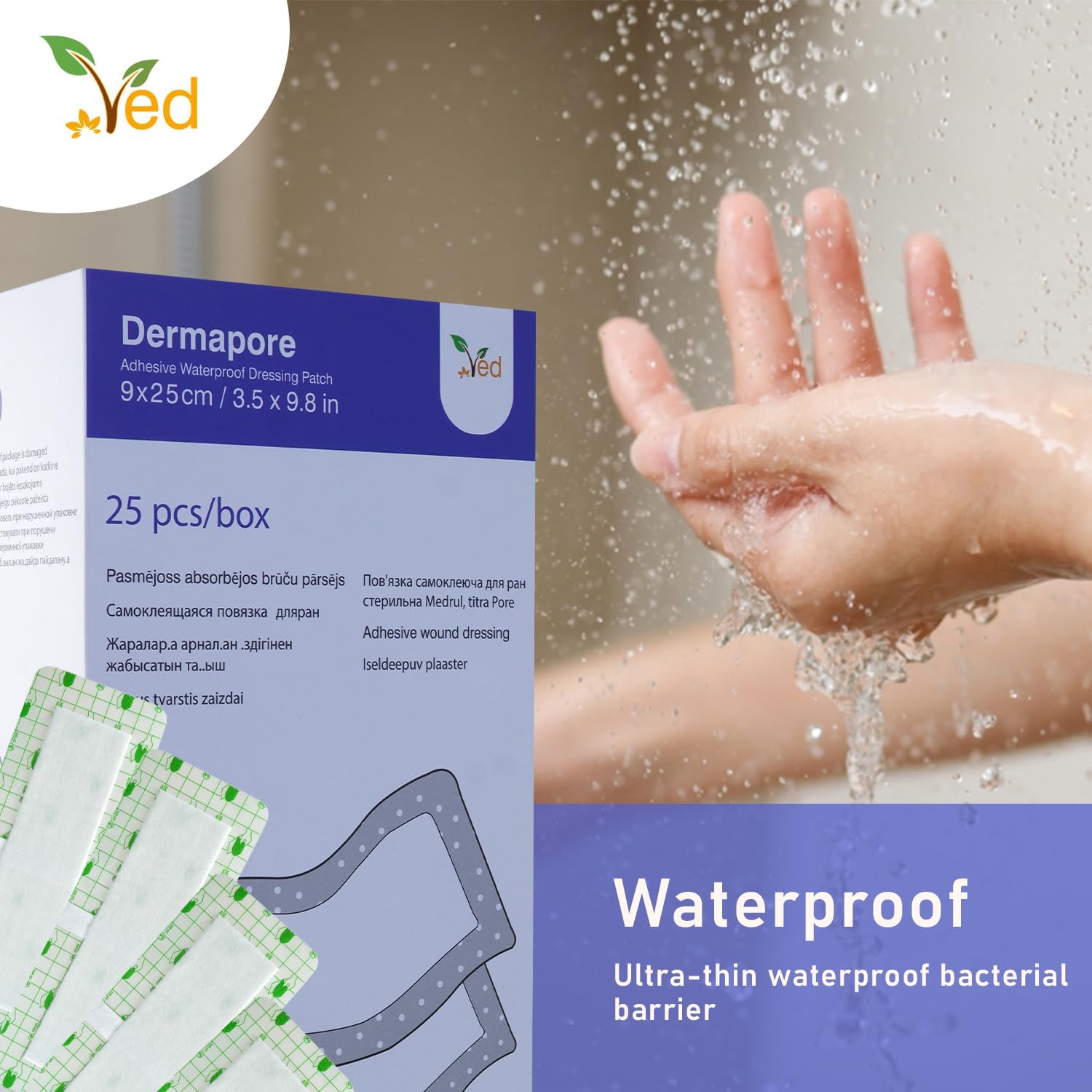 VED Dermapore Waterproof Adhesive Wound Dressing- Suitable for cuts and grazes, Diabetic Leg ulcers, venous Leg ulcers, Small Pressure sores- Medium, 9 x 25cm (Pack of 25).