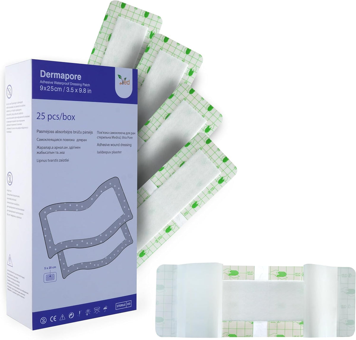VED Dermapore Waterproof Adhesive Wound Dressing- Suitable for cuts and grazes, Diabetic Leg ulcers, venous Leg ulcers, Small Pressure sores- Medium, 9 x 25cm (Pack of 25).