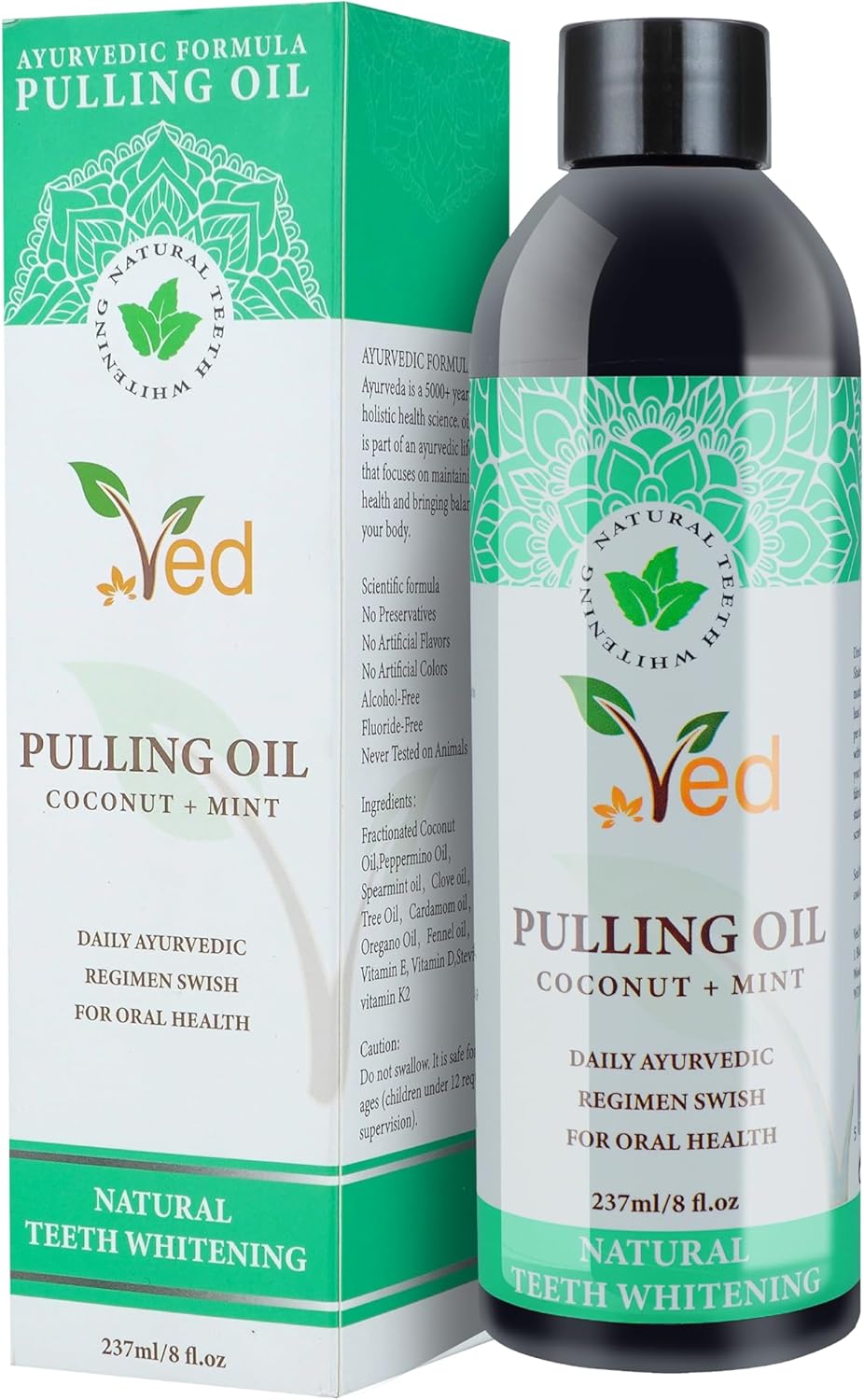 Ved Coconut Pulling Oil Pulling Mouthwash with Tongue Scraper, Natural Coconut Oil and Mint Pulling for Teeth Whitening, Fresh Breath, Healthier Teeth & Gum, Alcohol Free, 237ml.