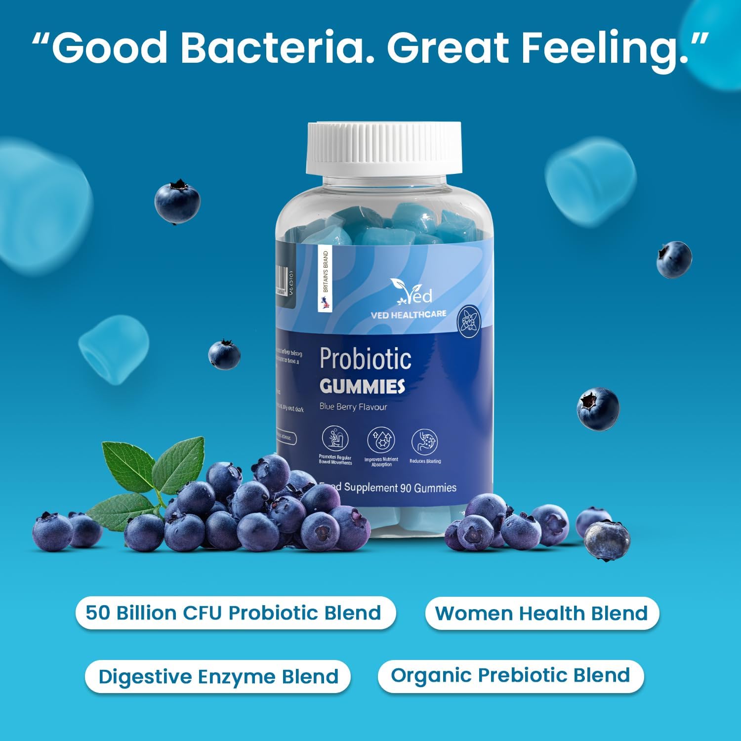 Vegan Probiotic Gummies with Prebiotics, Blueberry Flavour, 2 Gummies Daily (90 Count), 45 Days Supply, Non-GMO, Gluten Free, Vegetarian &amp; Gut Health...