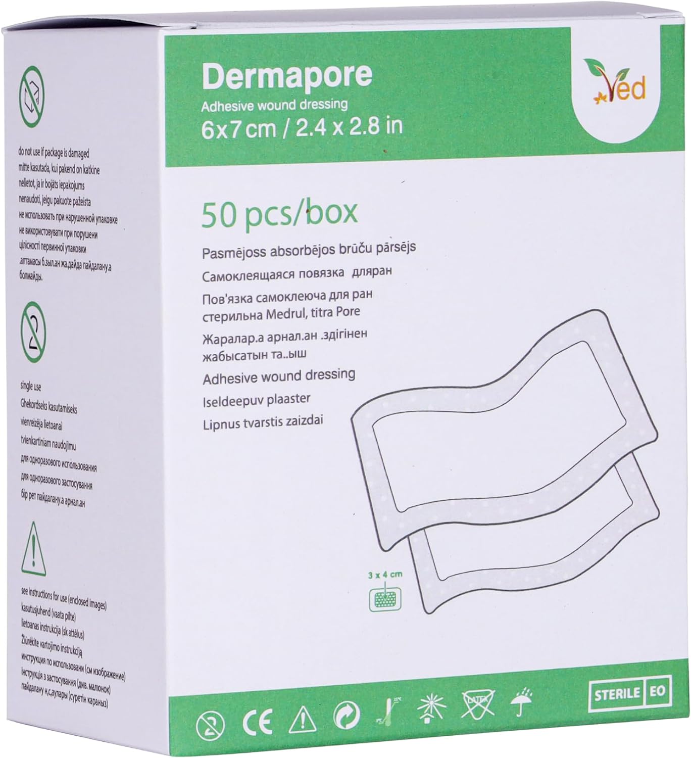 VED Dermapore Adhesive Wound Dressing- Suitable for cuts and grazes, Diabetic Leg ulcers, venous Leg ulcers, Small Pressure sores- Medium, 6 x 7cm (Pack of 50).