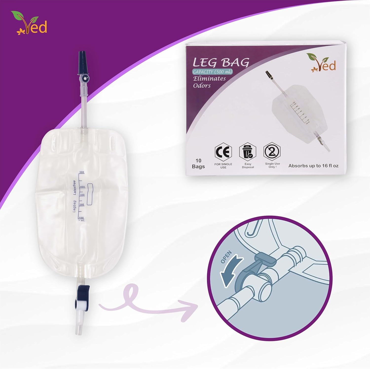 Ved Urine Fabric Leg Bag, T Tap or Lever Tap with Soft Fabric Backing and a Natural Leg-Shape Design, 500ml (Pack of 10).