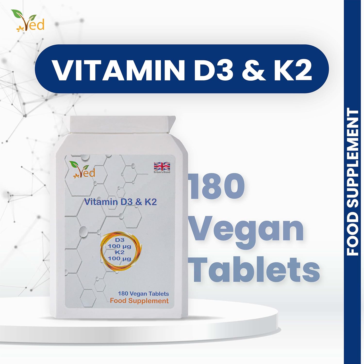 VED Vitamin D3 K2 1000 IU , 180 Vegan Tablets, 6 Month Supply