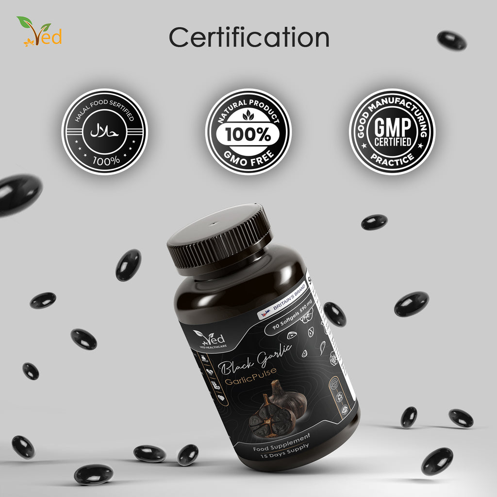 VED GarlicPulse, 90 Softgels, Fermented & Odorless Black Garlic Supplement with White Hawthorn Flower and Leaf, White Mistletoe herb, Non-GMO, Halal, 6 Softgels per Day