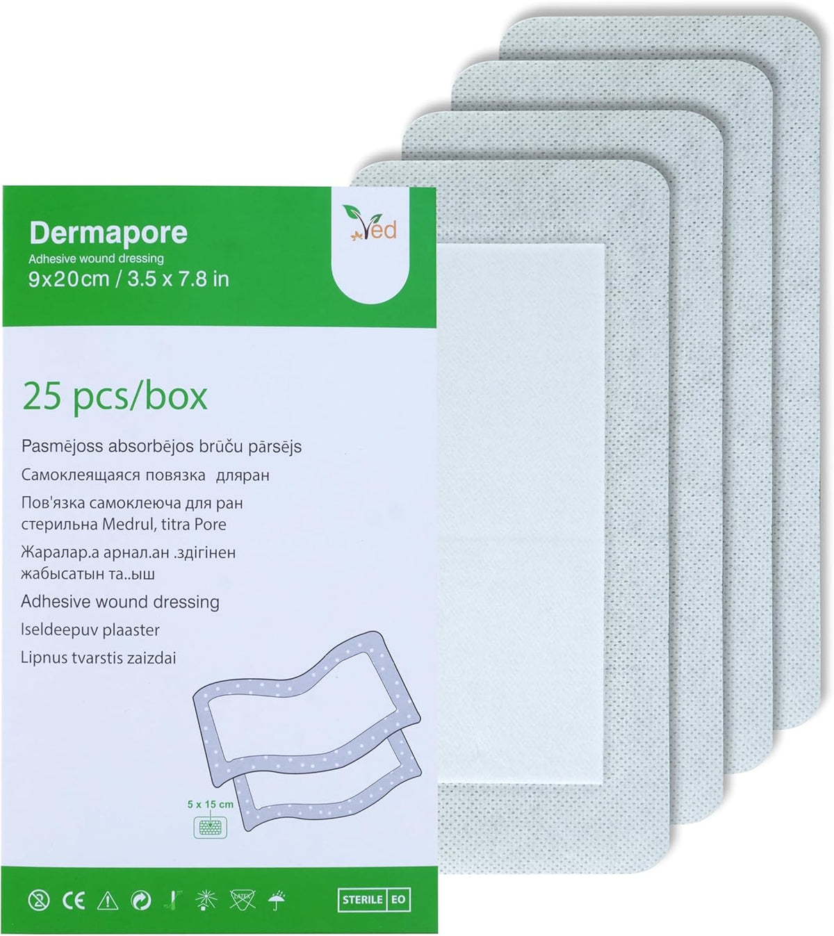 VED Dermapore Adhesive Wound Dressing- Suitable for cuts and grazes, Diabetic Leg ulcers, venous Leg ulcers, Small Pressure sores- Medium, 9 X 20cm (Pack of 25).