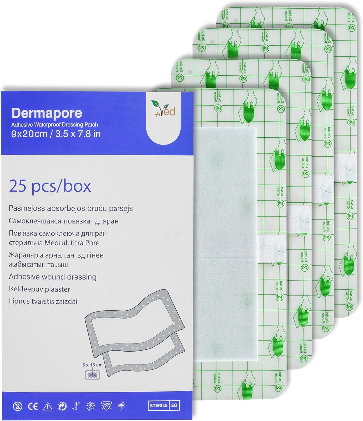 VED Dermapore Waterproof Adhesive Wound Dressing- Suitable for cuts and grazes, Diabetic Leg ulcers, venous Leg ulcers, Small Pressure sores- Medium, 9 x 20cm (Pack of 25).