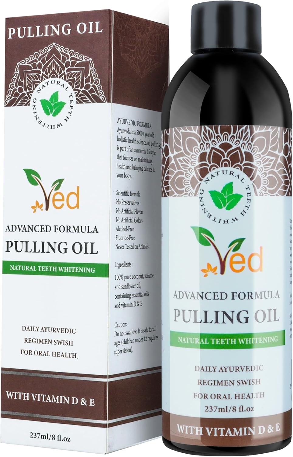 VED Coconut Pulling Oil Pulling Mouthwash with Tongue Scraper, Natural Coconut Oil and Mint Pulling with Vitamin D & E for Teeth Whitening, Fresh Breath, Healthier Teeth & Gum, Alcohol Free, 237ml.