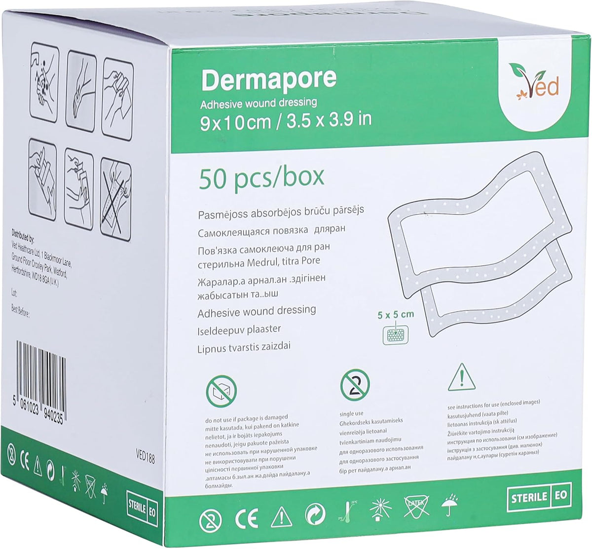 VED Dermapore Adhesive Wound Dressing- Suitable for cuts and grazes, Diabetic Leg ulcers, venous Leg ulcers, Small Pressure sores- Medium, 9 x 10cm (Pack of 50).