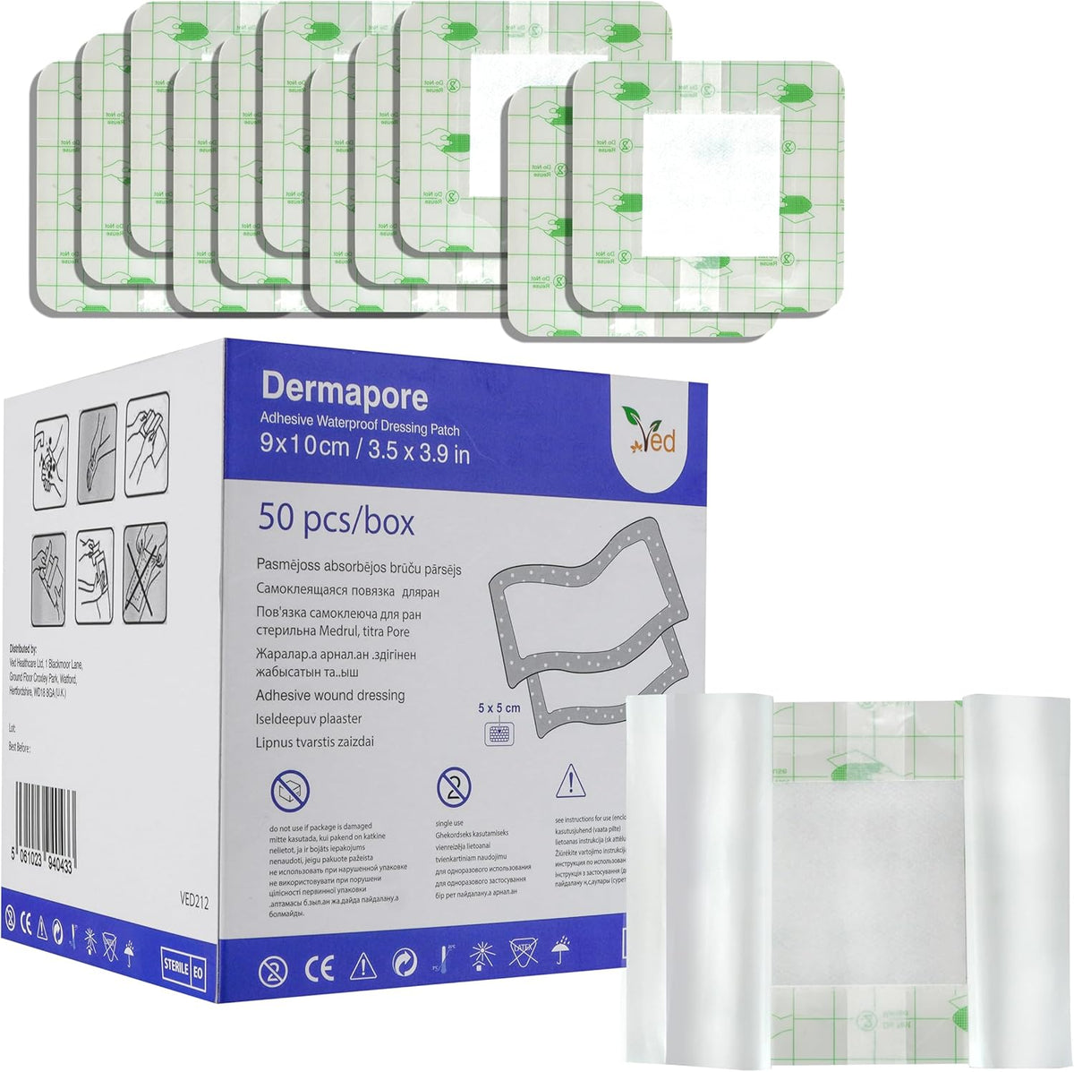 VED Dermapore Waterproof Adhesive Wound Dressing- Suitable for cuts and grazes, Diabetic Leg ulcers, venous Leg ulcers, Small Pressure sores- Medium, 9 x 10cm (Pack of 50).