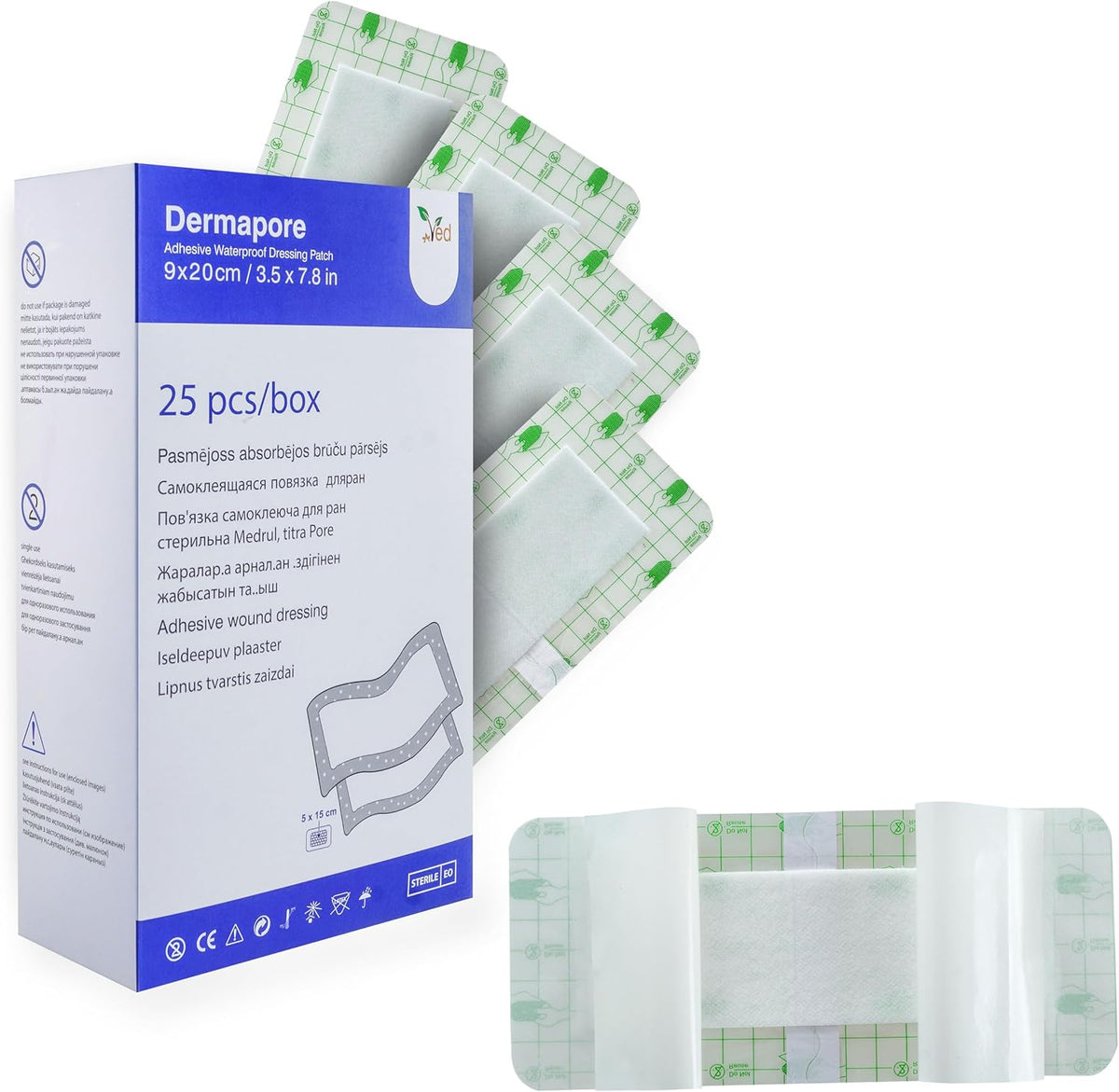 VED Dermapore Waterproof Adhesive Wound Dressing- Suitable for cuts and grazes, Diabetic Leg ulcers, venous Leg ulcers, Small Pressure sores- Medium, 9 x 20cm (Pack of 25).