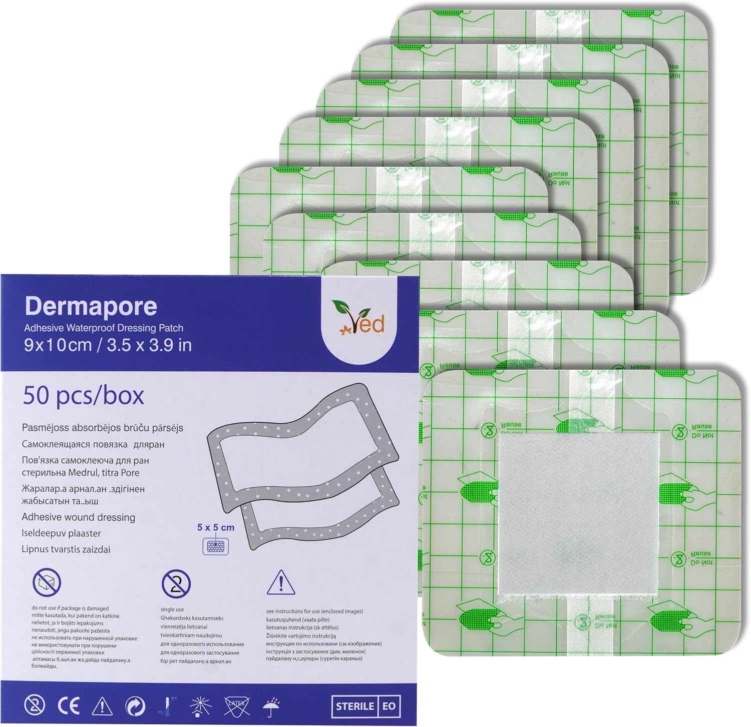 VED Dermapore Waterproof Adhesive Wound Dressing- Suitable for cuts and grazes, Diabetic Leg ulcers, venous Leg ulcers, Small Pressure sores- Medium, 9 x 10cm (Pack of 50).