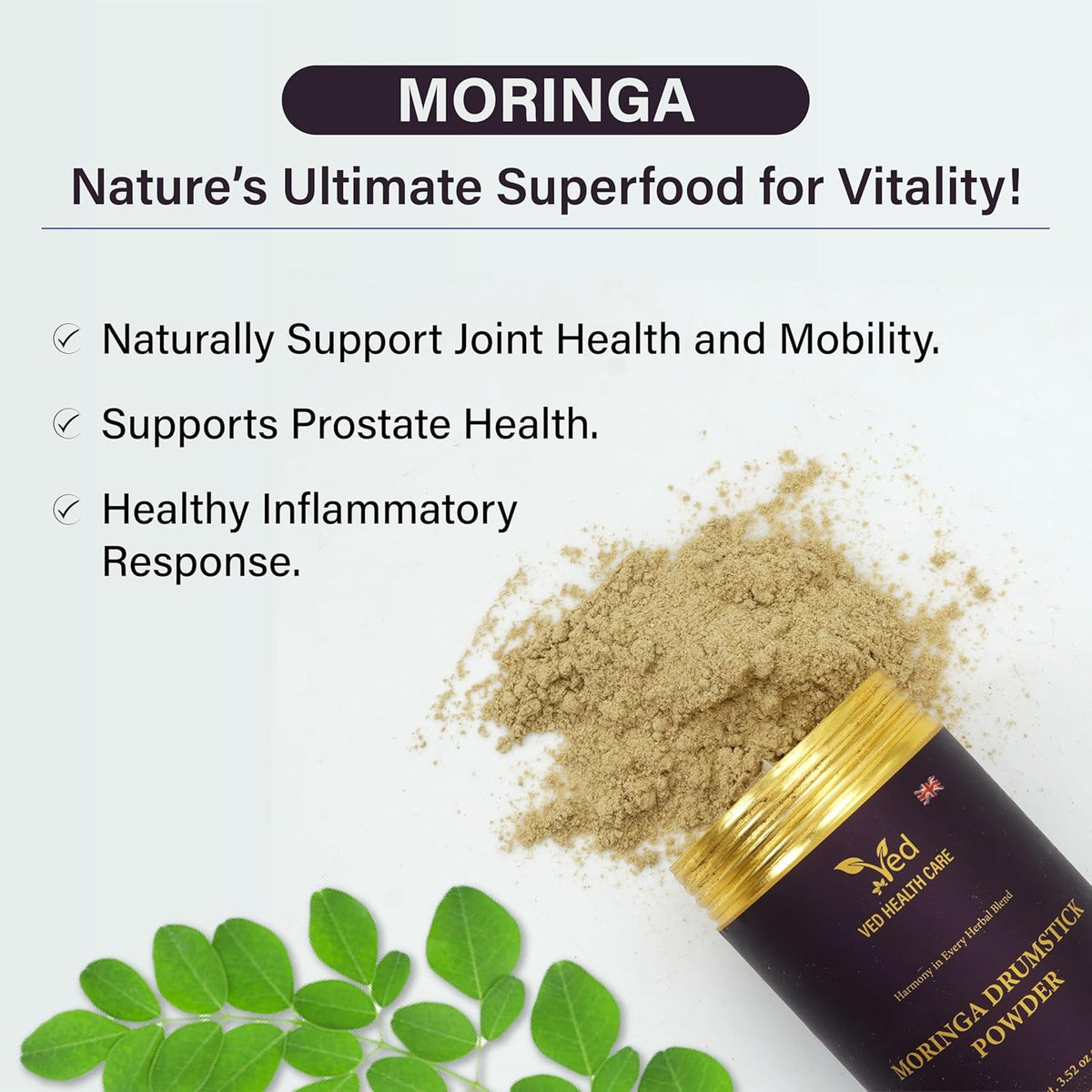 Ved Organic Moringa Powder, Organic Pure Moringa Stick Rich in Essential Vitamins & Minerals, Perfect for Cooking, Smoothies, Lattes & Moringa Tea, 100g