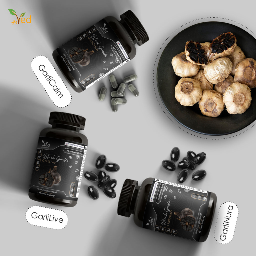 VED GarliGut, 90 Softgels, Fermented & Odorless Black Garlic Supplement with chamomile flower, peppermint leaf, caraway fruit, angelica archangelica root, rosemary leaf, Non-GMO, Halal, 3 Softgels/Day