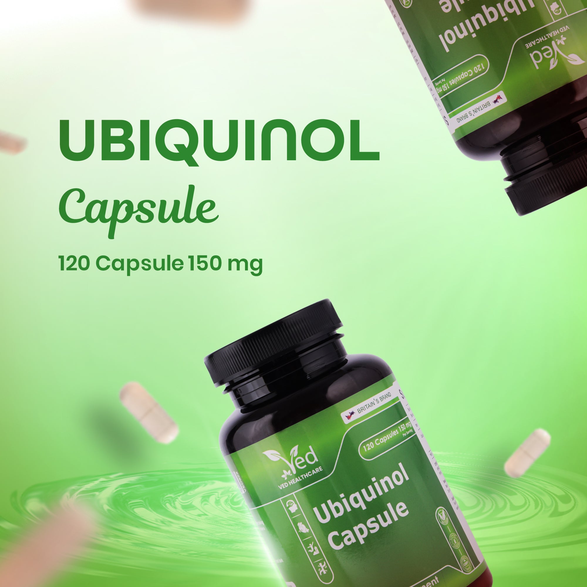 VED Ubiquinol 150 mg, Active Form CoQ10 Supplement, High Absorption & Enhanced Bioavailability, Antioxidant & Cellular Energy Support, Vegan, Non-GMO, 120 Capsules