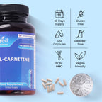 L -Carnitine Supplement 120 Vegan Capsules – Pure L-Carnitine Powder Pre-Workout for Men & Women – Vegan, Gluten Free, GMO Free.