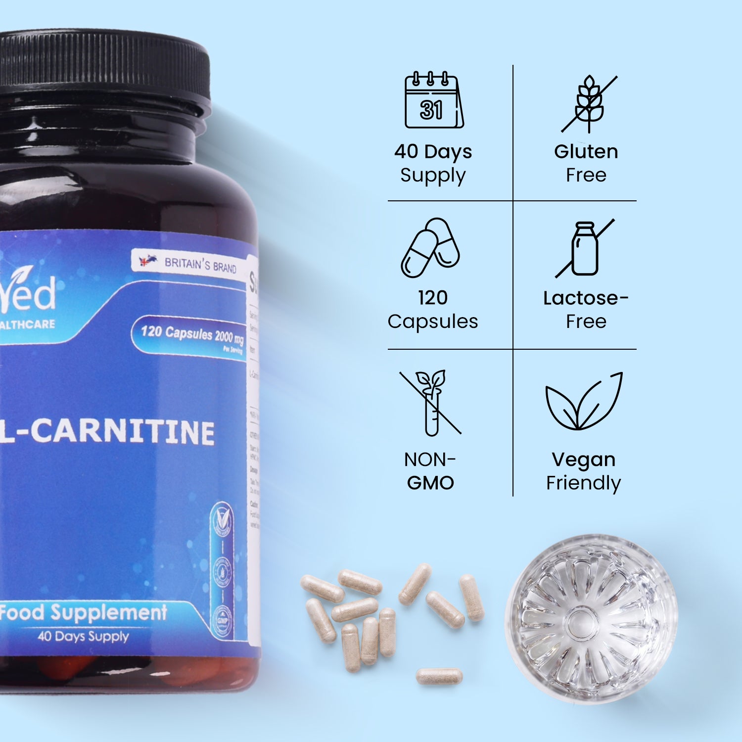 L -Carnitine Supplement 120 Vegan Capsules – Pure L-Carnitine Powder Pre-Workout for Men & Women – Vegan, Gluten Free, GMO Free.